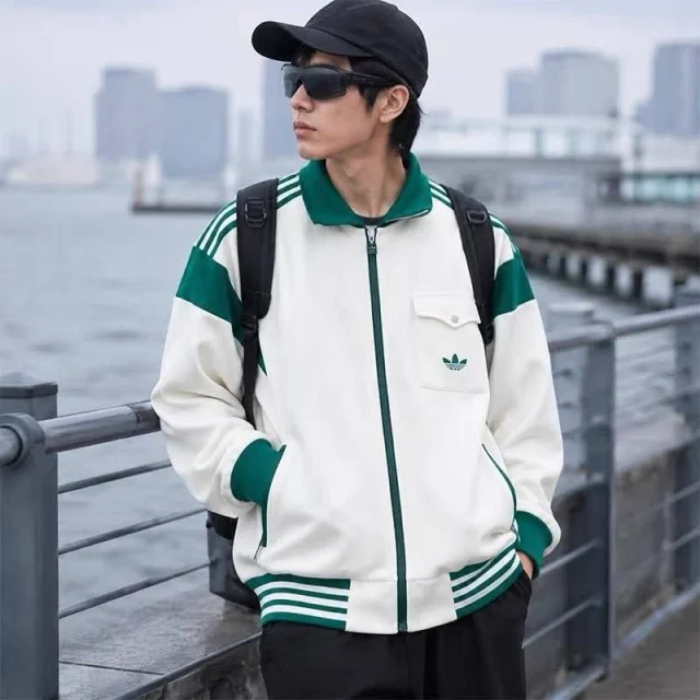 adidas white and green zip jacket